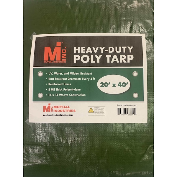 Heavy Duty Tarp, 20 ft x 40 ft, 8 mil, Green, UV Resistant, Mildew Resistant
